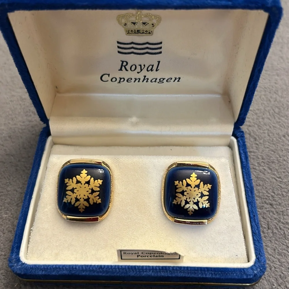 Vintage Royal Copenhagen Porcelain Cufflinks with Blue and Gold Snowflake Design